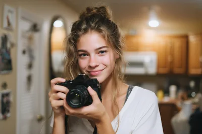 Young Woman Holding A Vintage Film Camera
