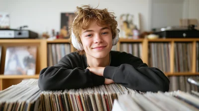 Young Man Listening To Music In A Record Store