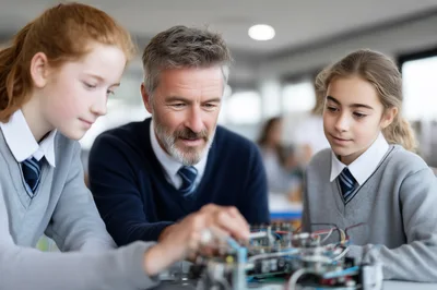 Teacher Guiding Students With Robotics Project In Classroom