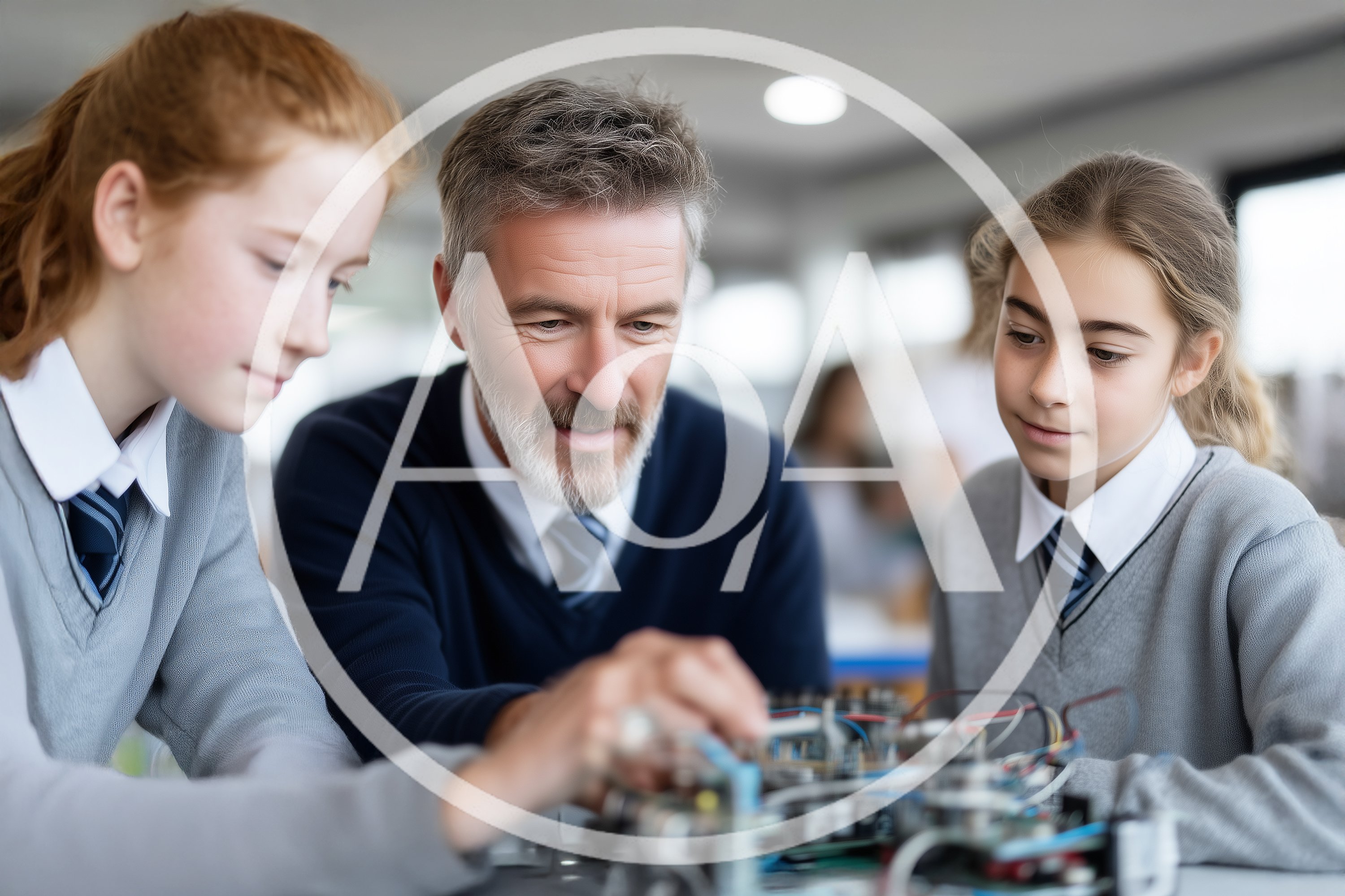 Teacher Guiding Students With Robotics Project In Classroom