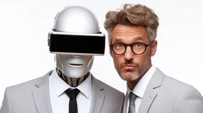 Businessman Standing Next To A Futuristic Robot