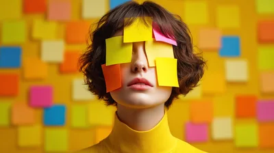 Woman With Sticky Notes Covering Her Eyes