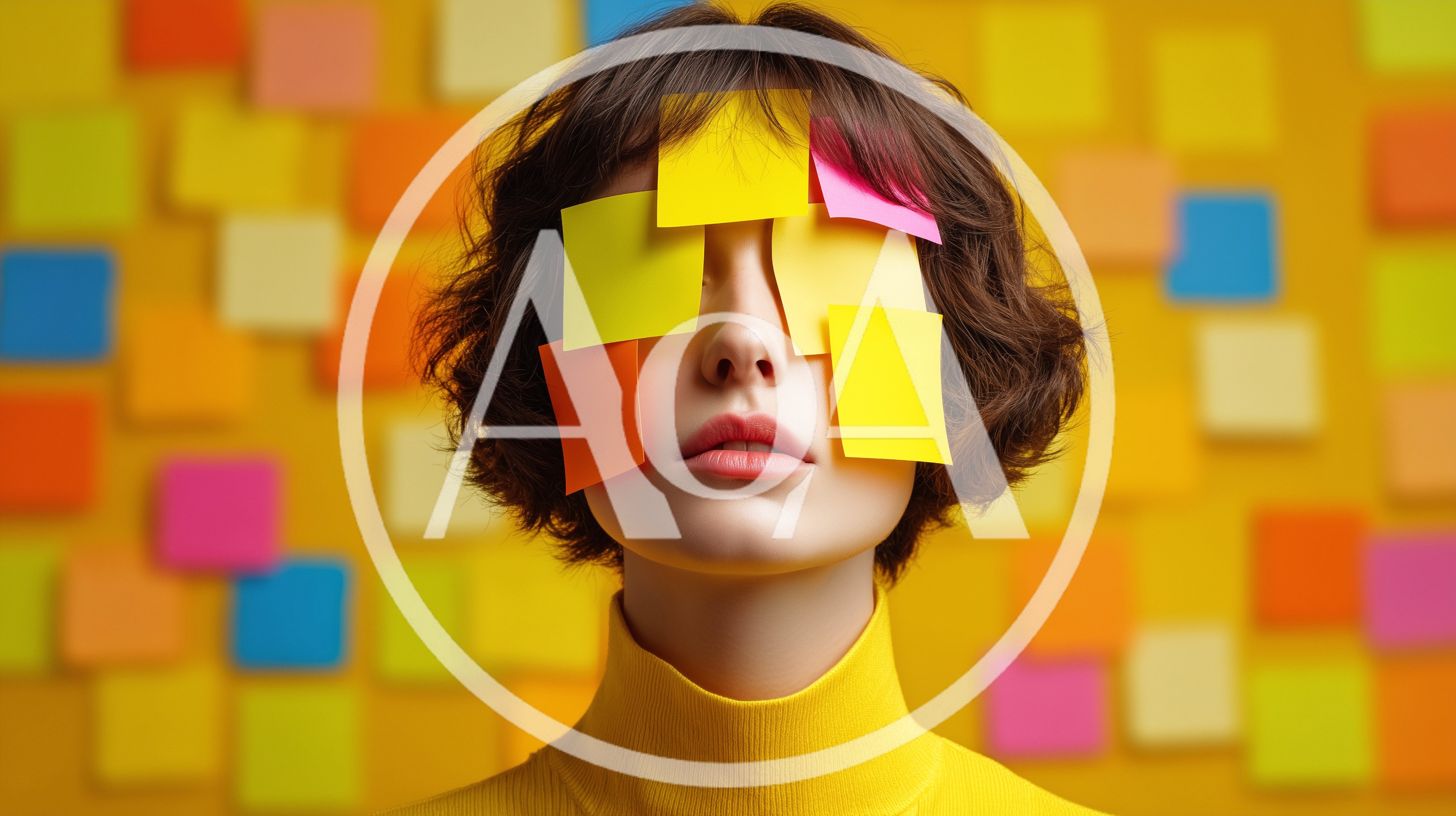 Woman With Sticky Notes Covering Her Eyes