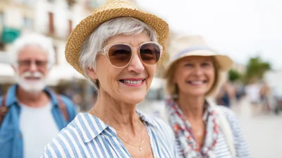 Senior Friends Enjoying A Sunny Vacation Walk