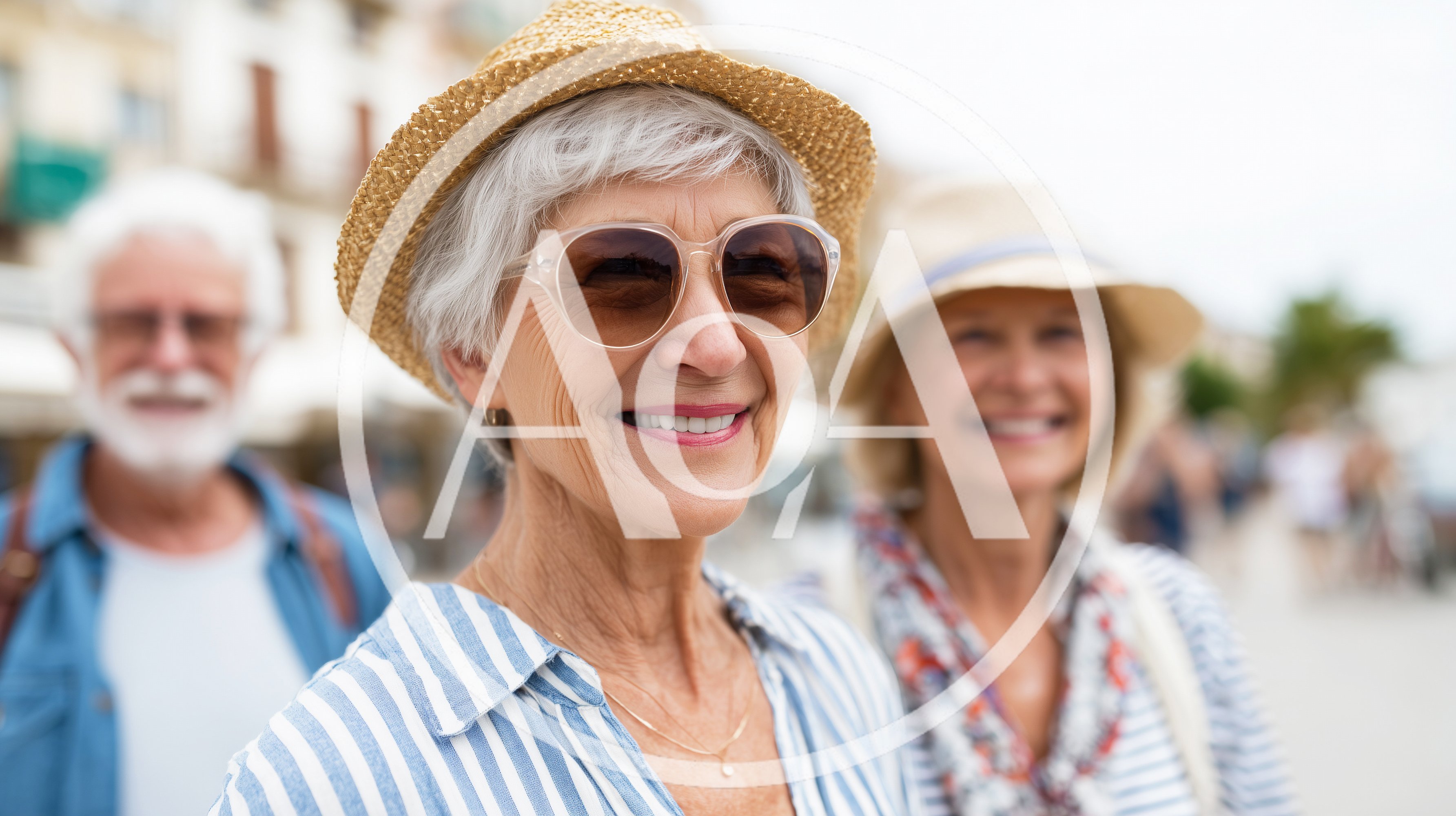 Senior Friends Enjoying A Sunny Vacation Walk