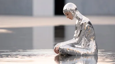 Liquid Silver Humanoid Figure Sitting In Calm Water