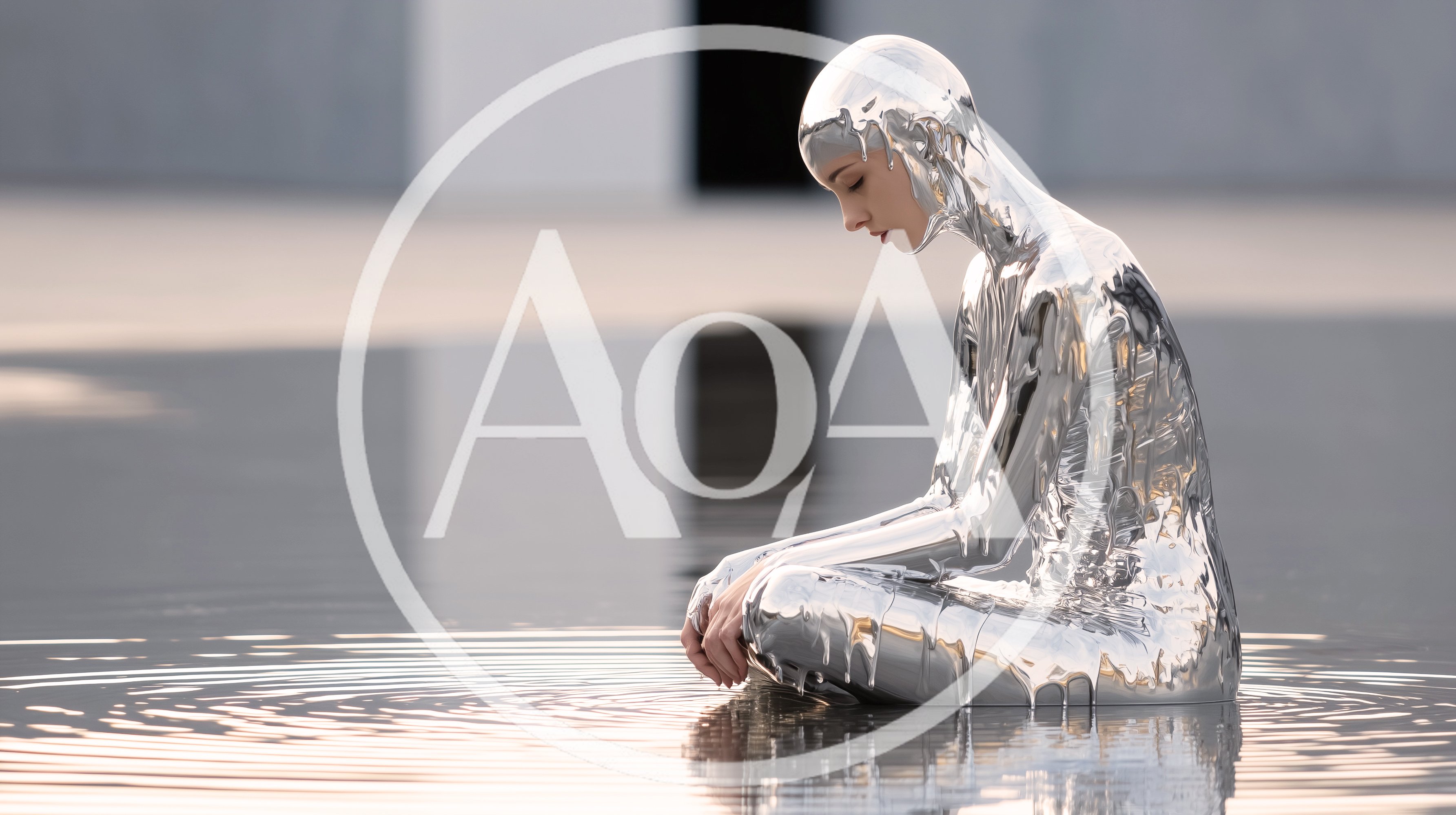 Liquid Silver Humanoid Figure Sitting In Calm Water