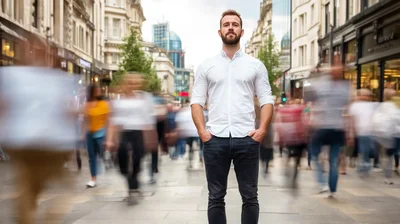 Man Standing Still In A Busy City Street