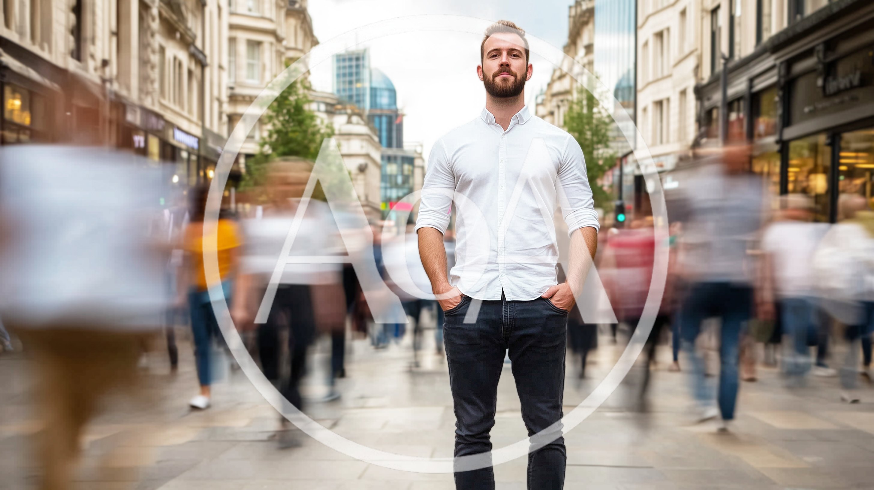 Man Standing Still In A Busy City Street