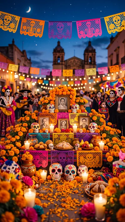 Traditional Dia De Los Muertos Altar With Marigolds