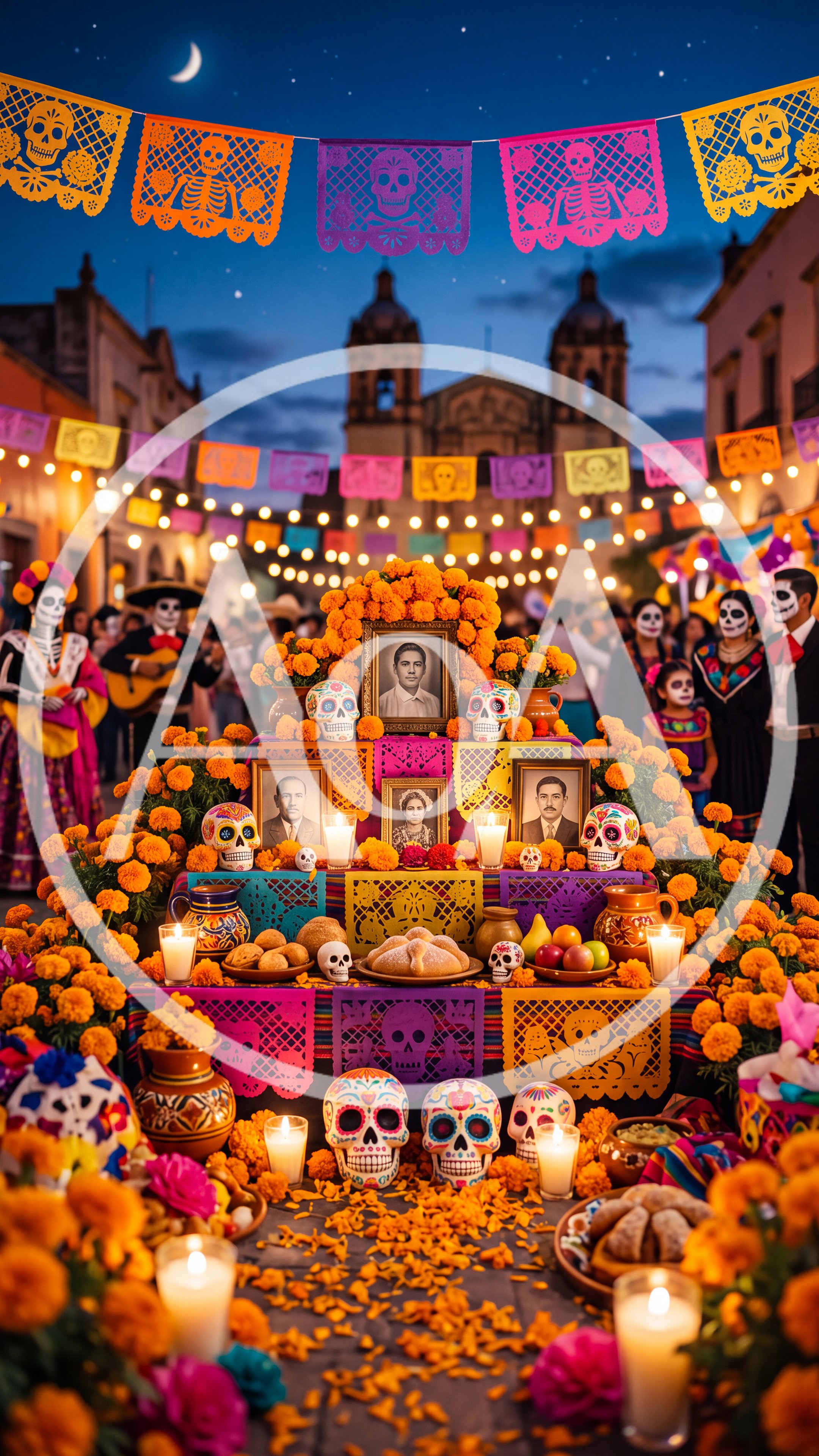 Traditional Dia De Los Muertos Altar With Marigolds