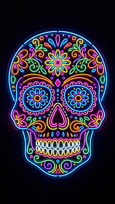 Neon Sugar Skull Illustration With Vibrant Floral Patterns