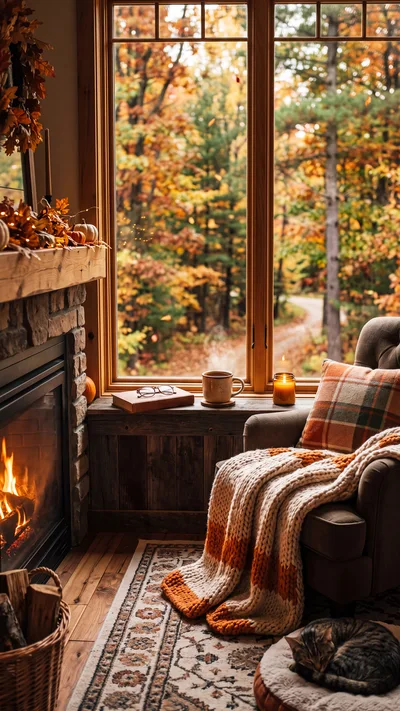 Cozy Autumn Reading Nook With Fireplace And Sleeping Cat