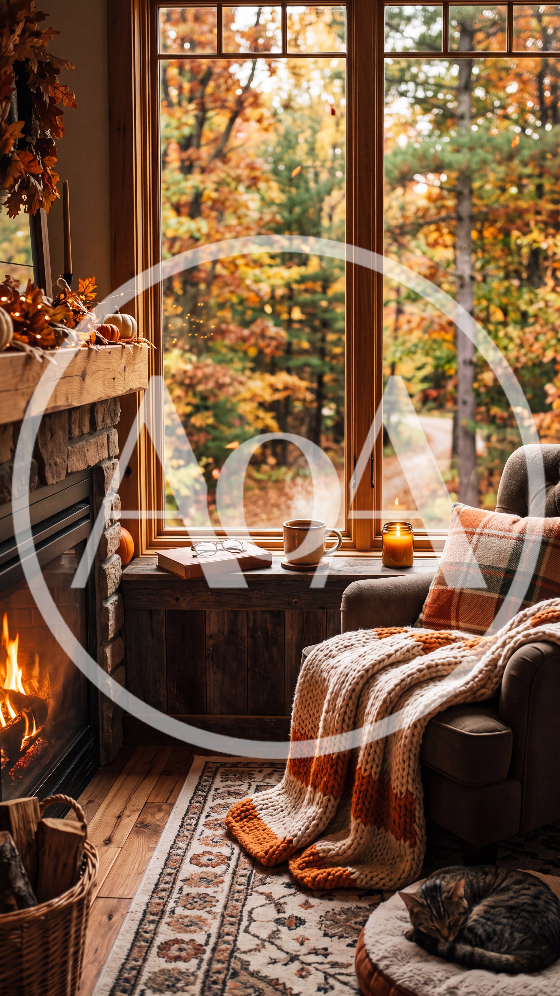 Cozy Autumn Reading Nook With Fireplace And Sleeping Cat