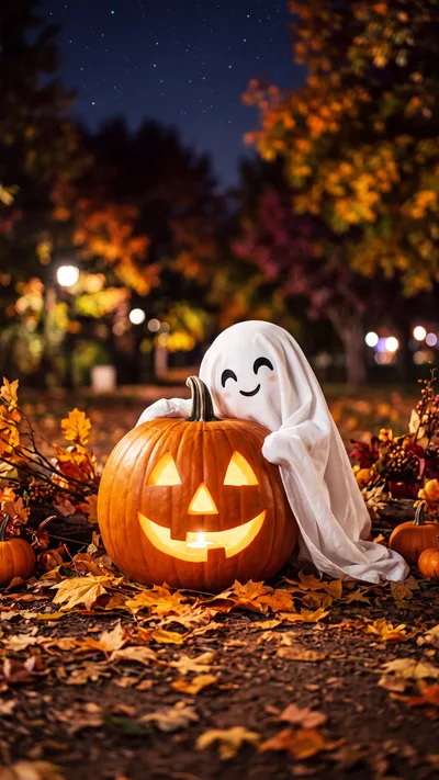 Cute Ghost Costume Hugging A Glowing Jack O Lantern