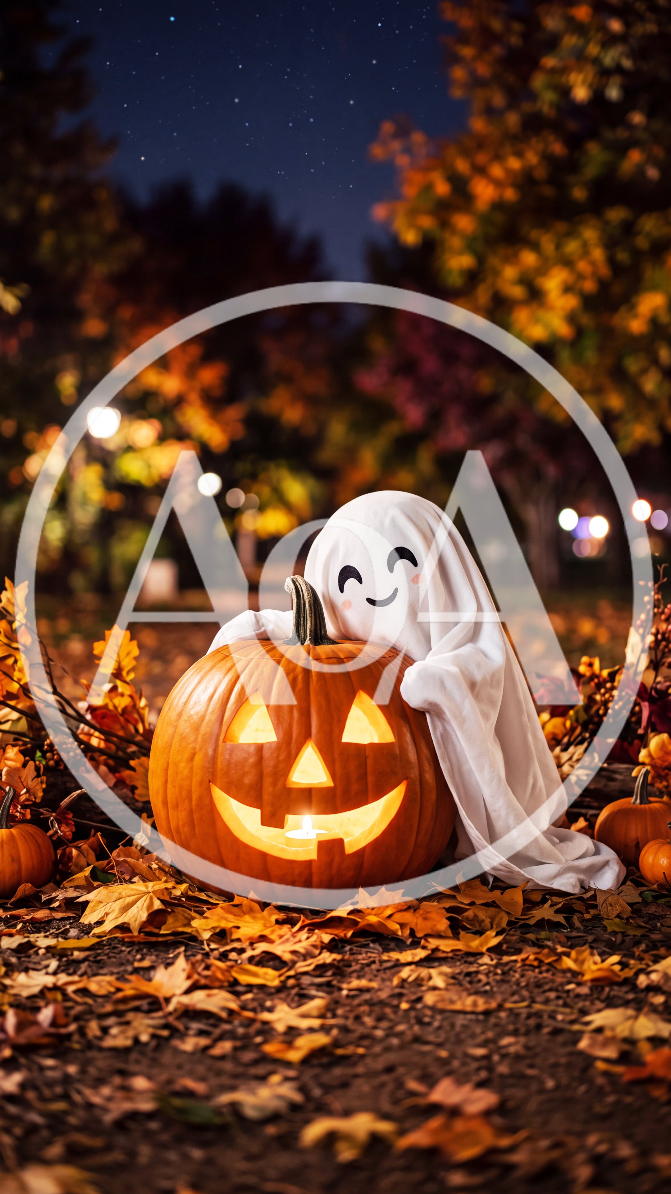 Cute Ghost Costume Hugging A Glowing Jack O Lantern