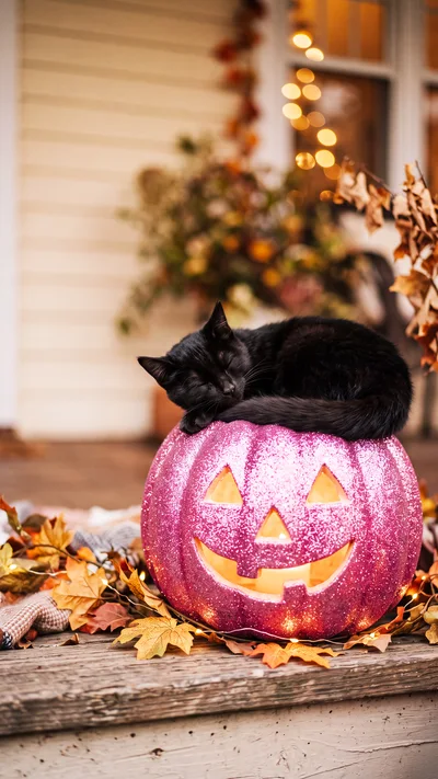 Black Cat Sleeping On A Glittery Pink Jack O Lantern