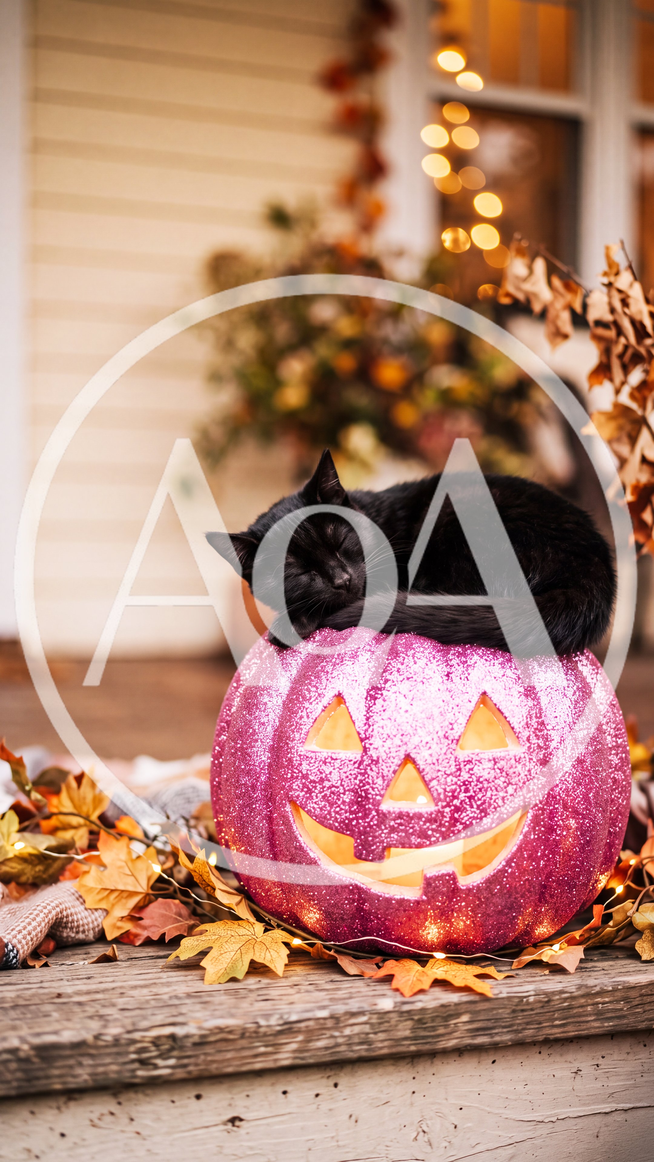 Black Cat Sleeping On A Glittery Pink Jack O Lantern