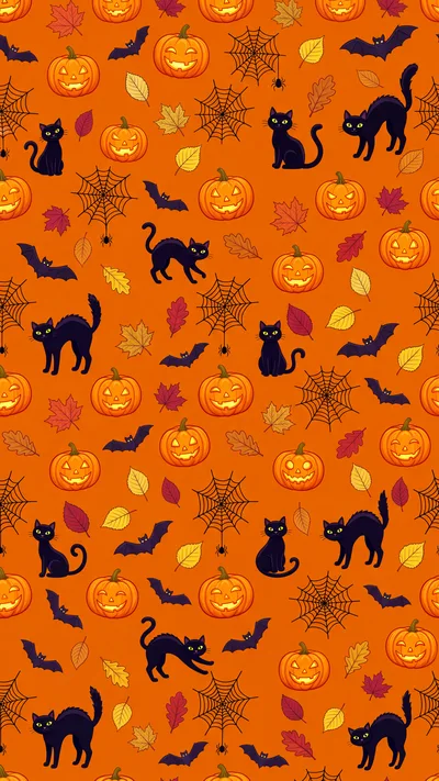 Halloween Seamless Pattern With Pumpkins Cats And Bats