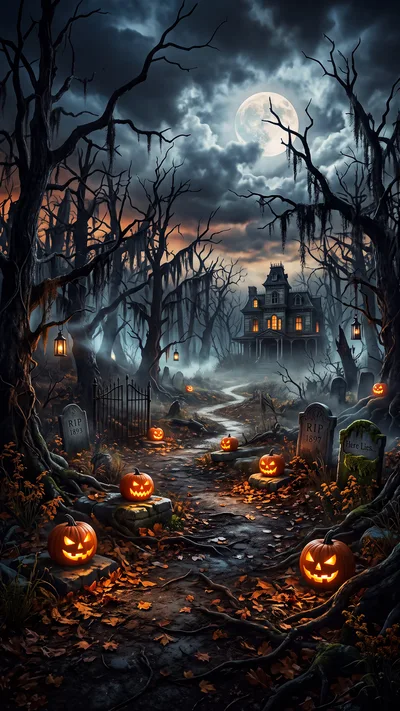 Spooky Halloween Graveyard With Haunted House And Jack O Lanterns