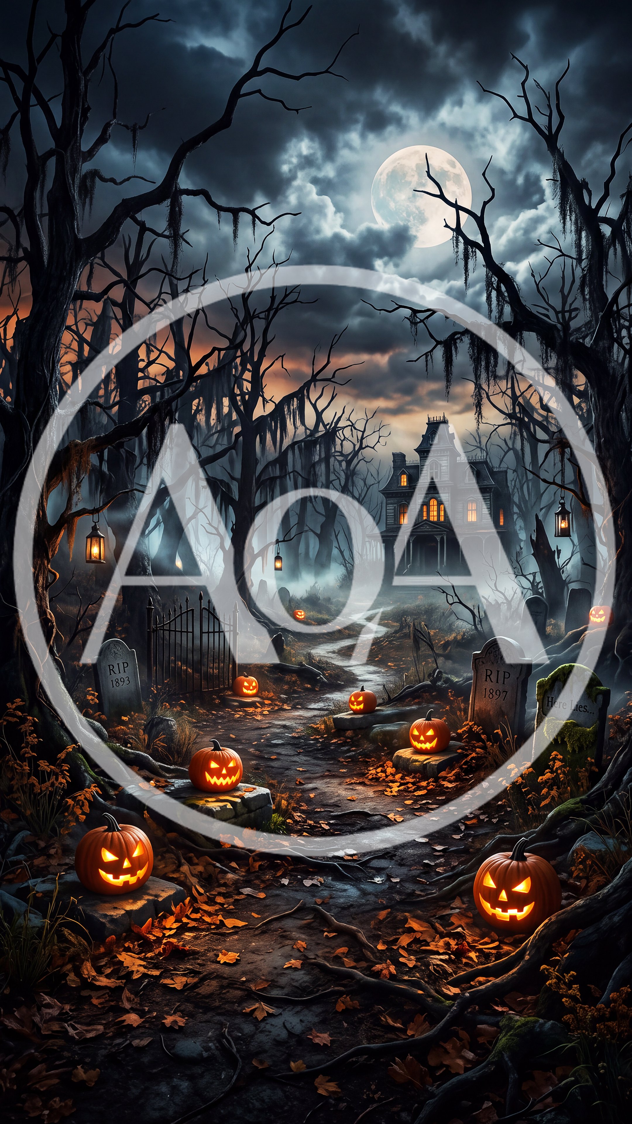 Spooky Halloween Graveyard With Haunted House And Jack O Lanterns