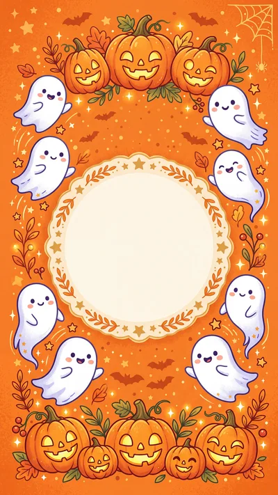 Halloween Greeting Card Template With Cute Ghosts And Pumpkins
