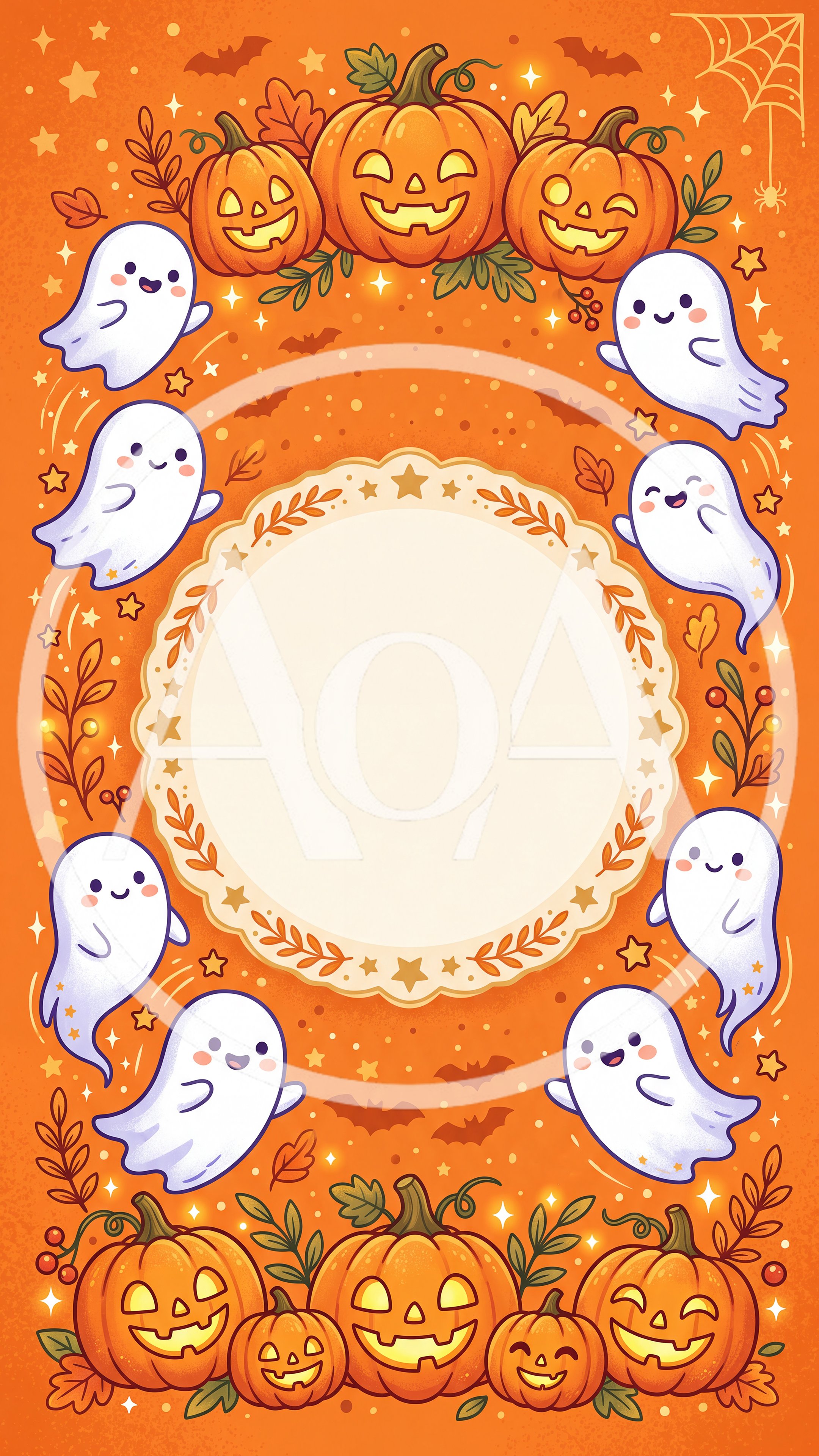 Halloween Greeting Card Template With Cute Ghosts And Pumpkins