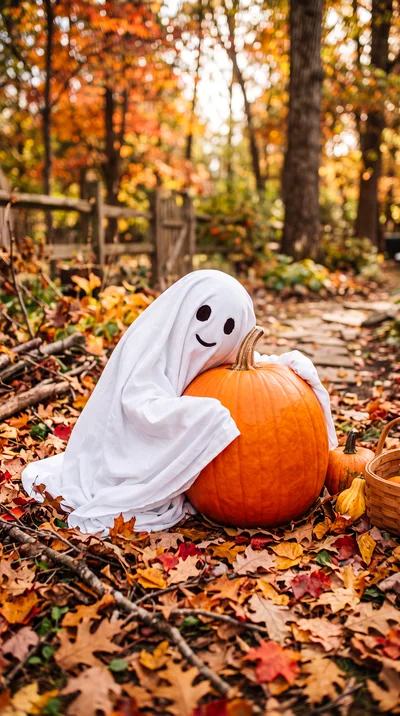 Child Dressed As A Ghost Hugging A Pumpkin