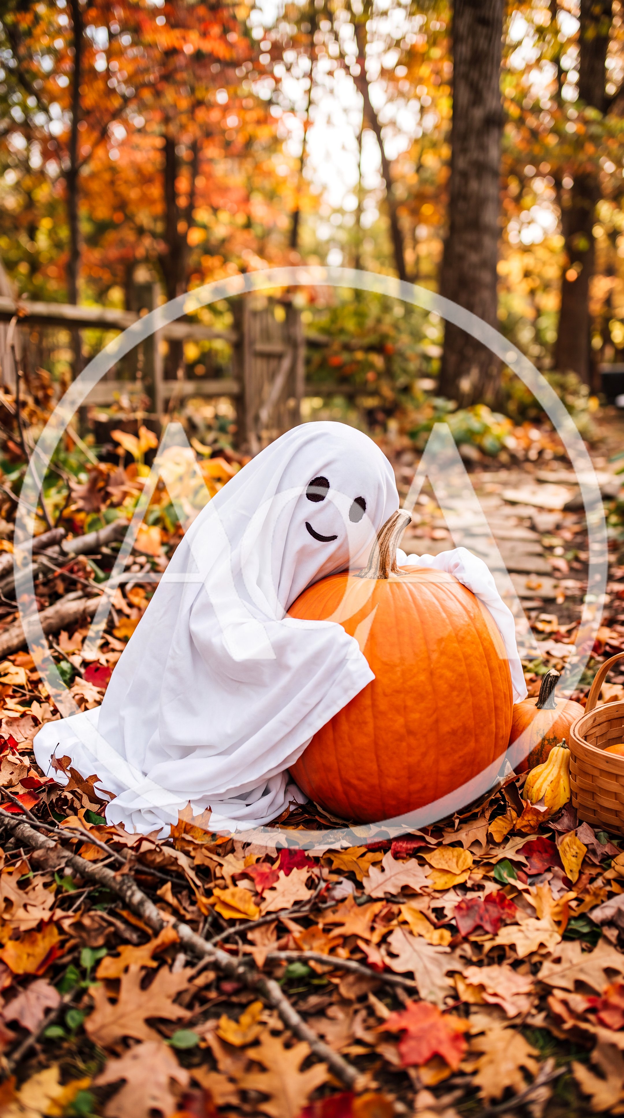 Child Dressed As A Ghost Hugging A Pumpkin