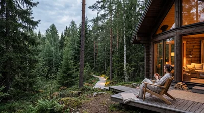 Woman Relaxing On Wooden Deck Of Forest Cabin