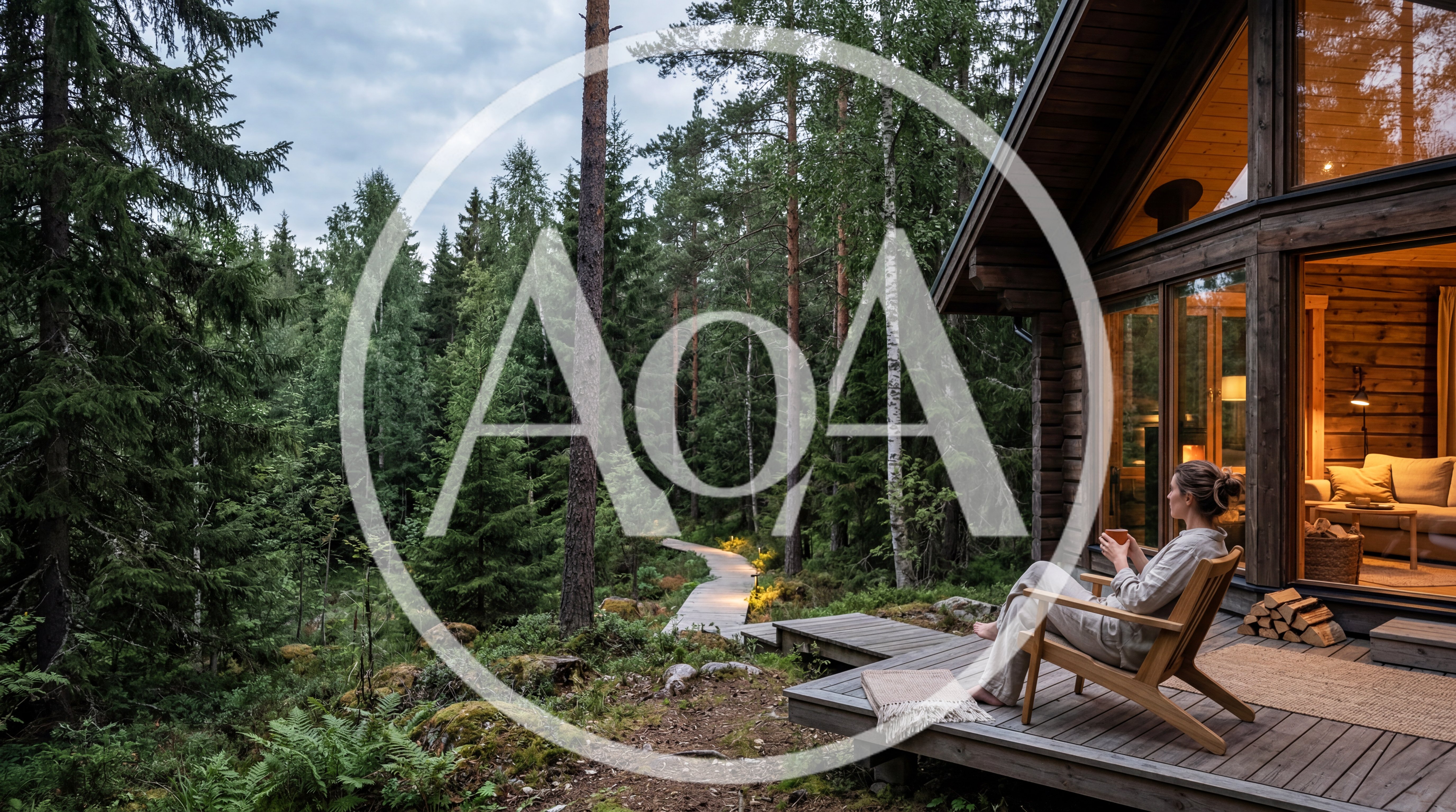 Woman Relaxing On Wooden Deck Of Forest Cabin