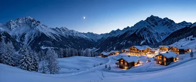 Panoramic View Of Snowy Alpine Village At Twilight