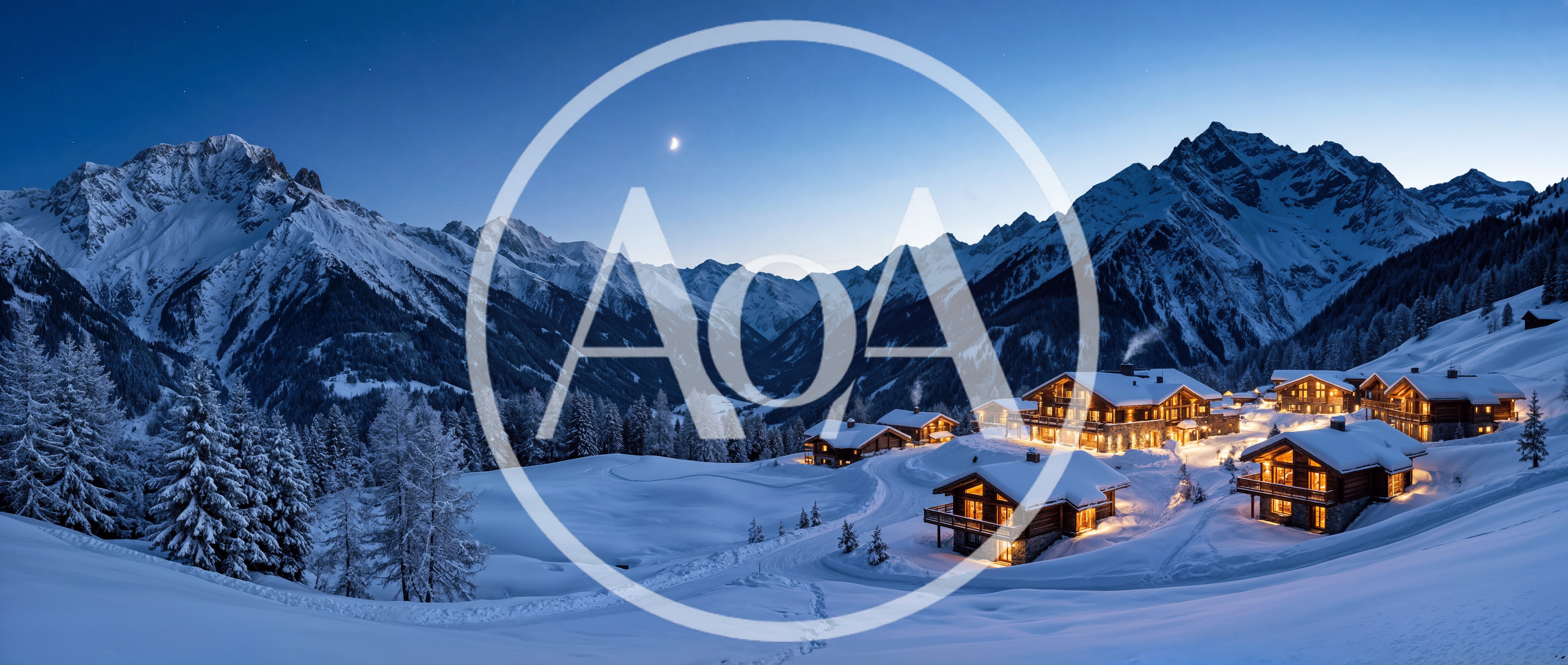 Panoramic View Of Snowy Alpine Village At Twilight