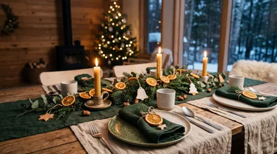 Festive Christmas Table Setting With Candles And Greenery