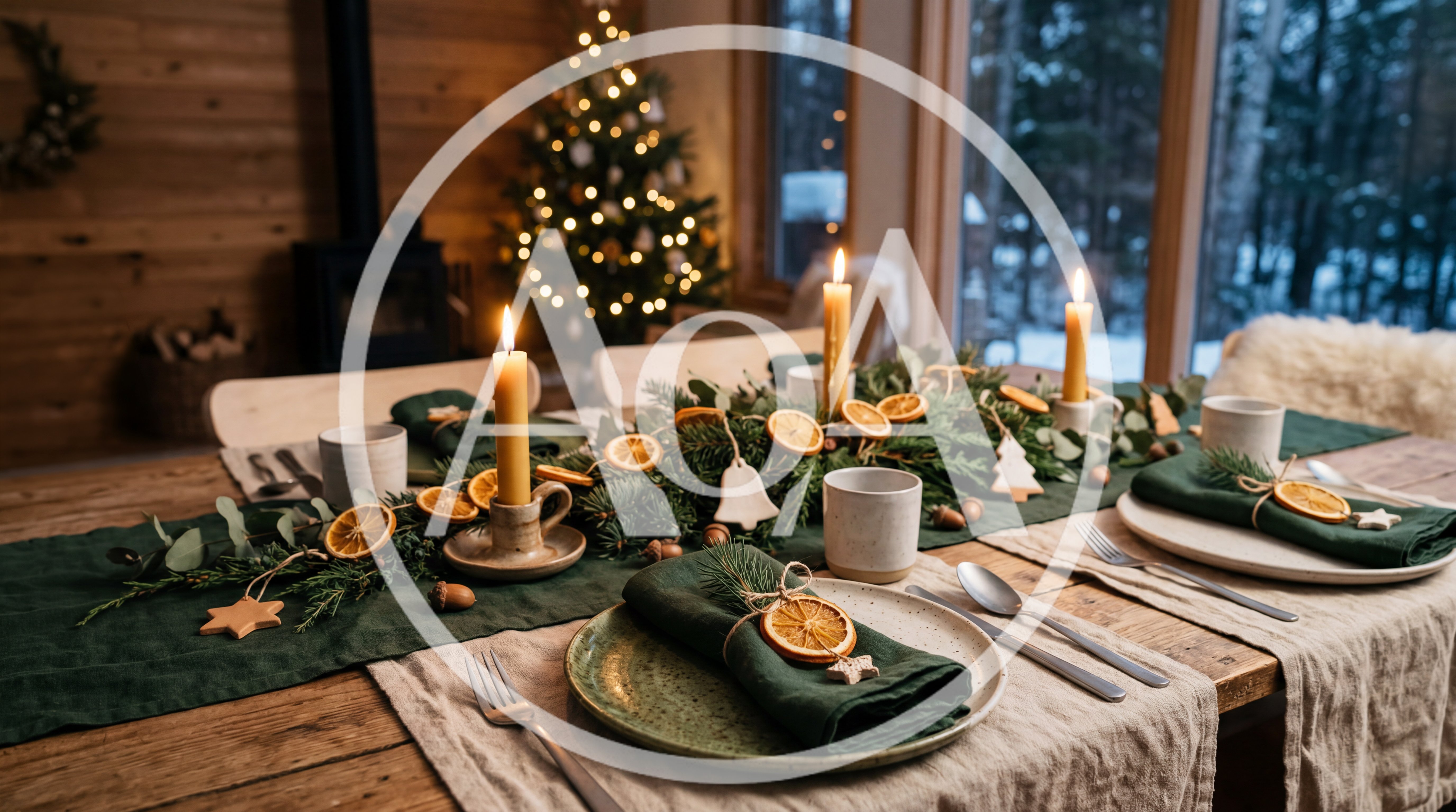 Festive Christmas Table Setting With Candles And Greenery