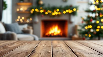 Empty Wooden Table In Cozy Christmas Living Room