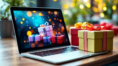 Laptop With Christmas Gift Boxes On Wooden Table