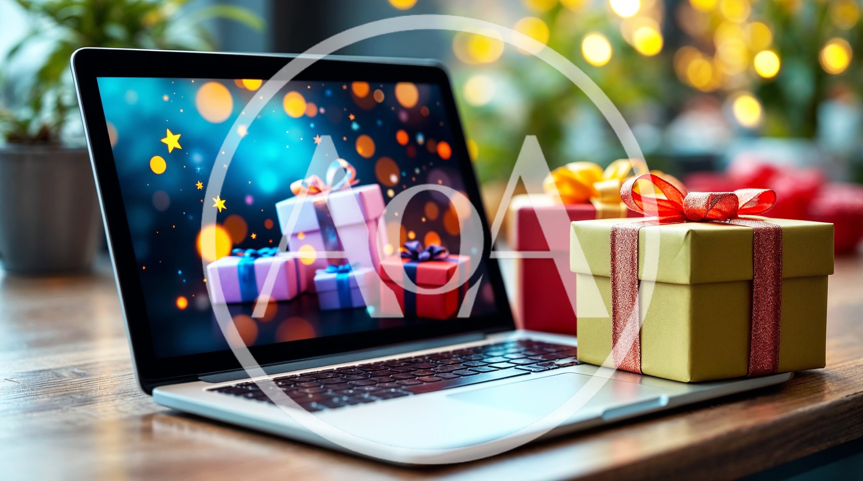 Laptop With Christmas Gift Boxes On Wooden Table