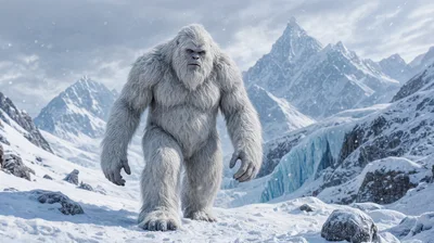 Majestic Yeti Walking Through Snowy Mountain Landscape