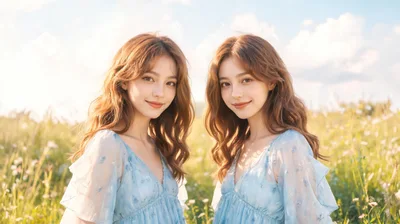 Twin Sisters Standing Together In A Sunny Flower Field