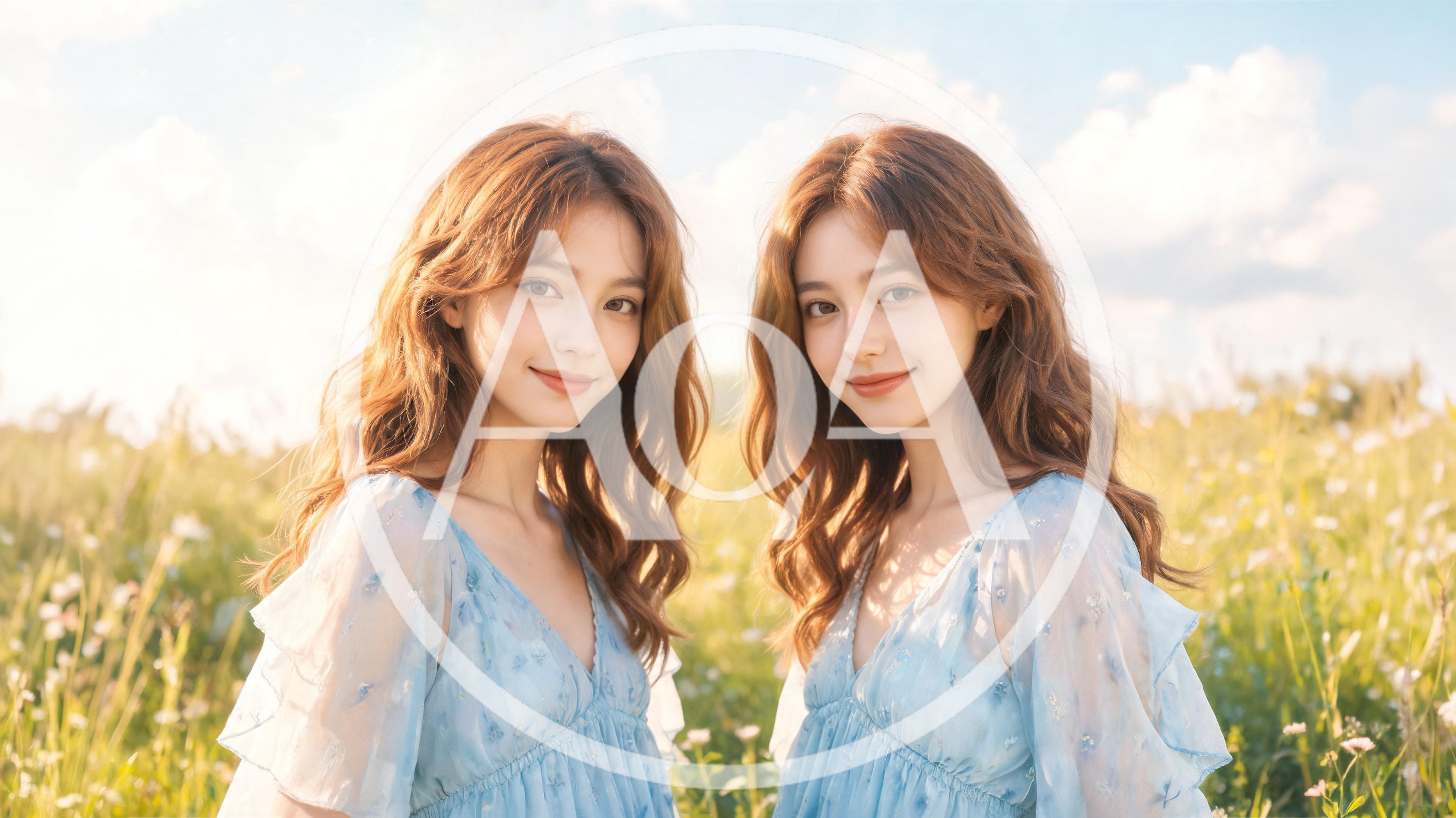 Twin Sisters Standing Together In A Sunny Flower Field