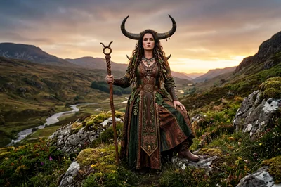 Fantasy Druid Woman With Horns Standing In Highlands