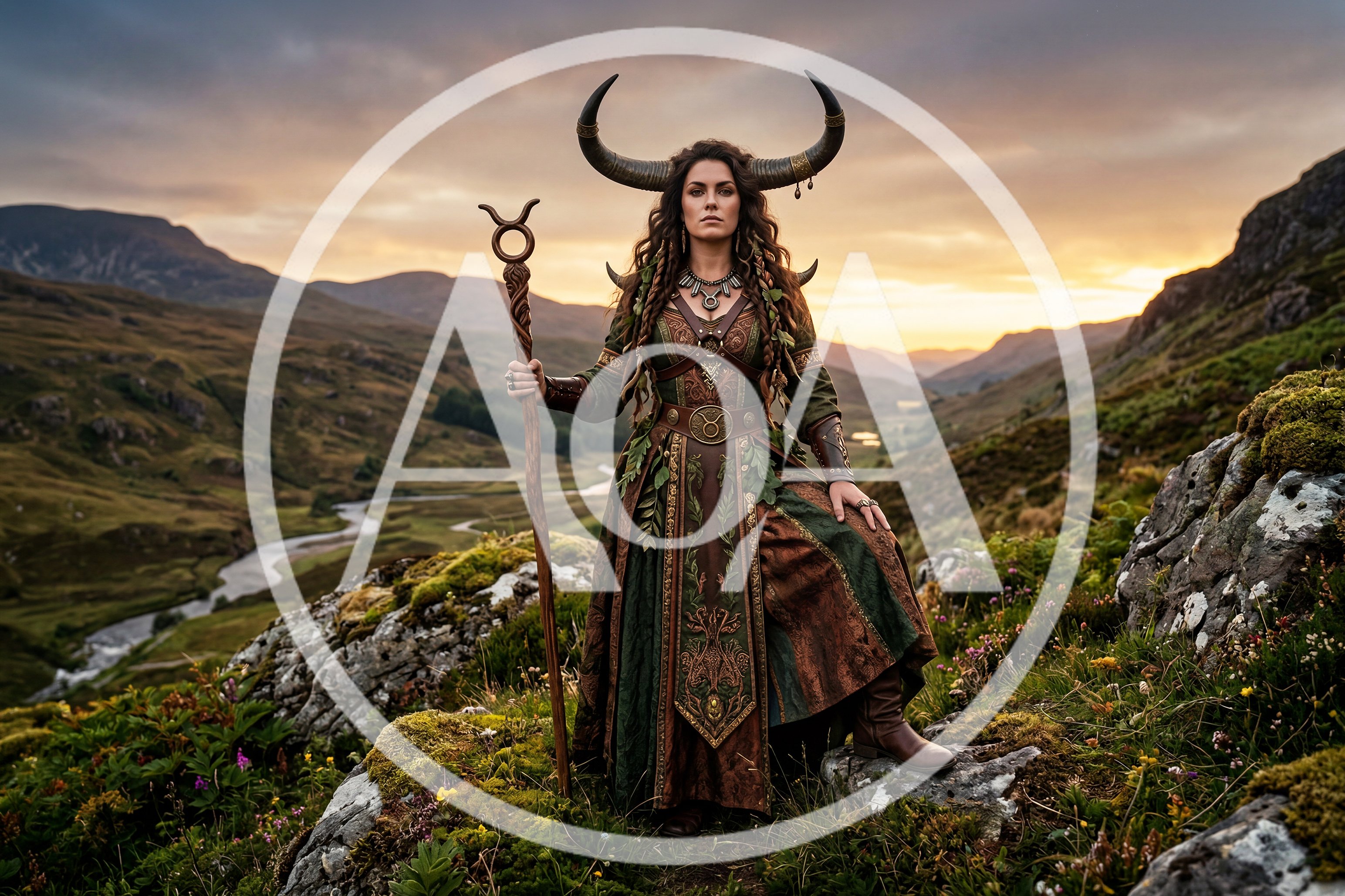 Fantasy Druid Woman With Horns Standing In Highlands