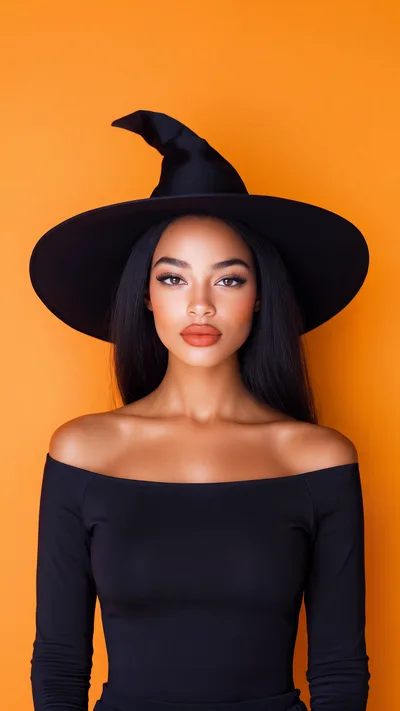Portrait Of A Beautiful Woman Wearing A Witch Hat