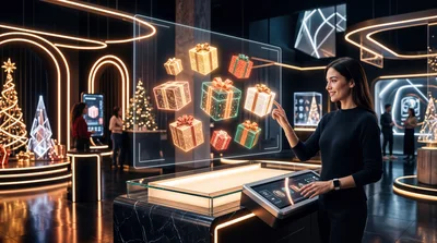 Woman Interacting With Holographic Christmas Gift Display