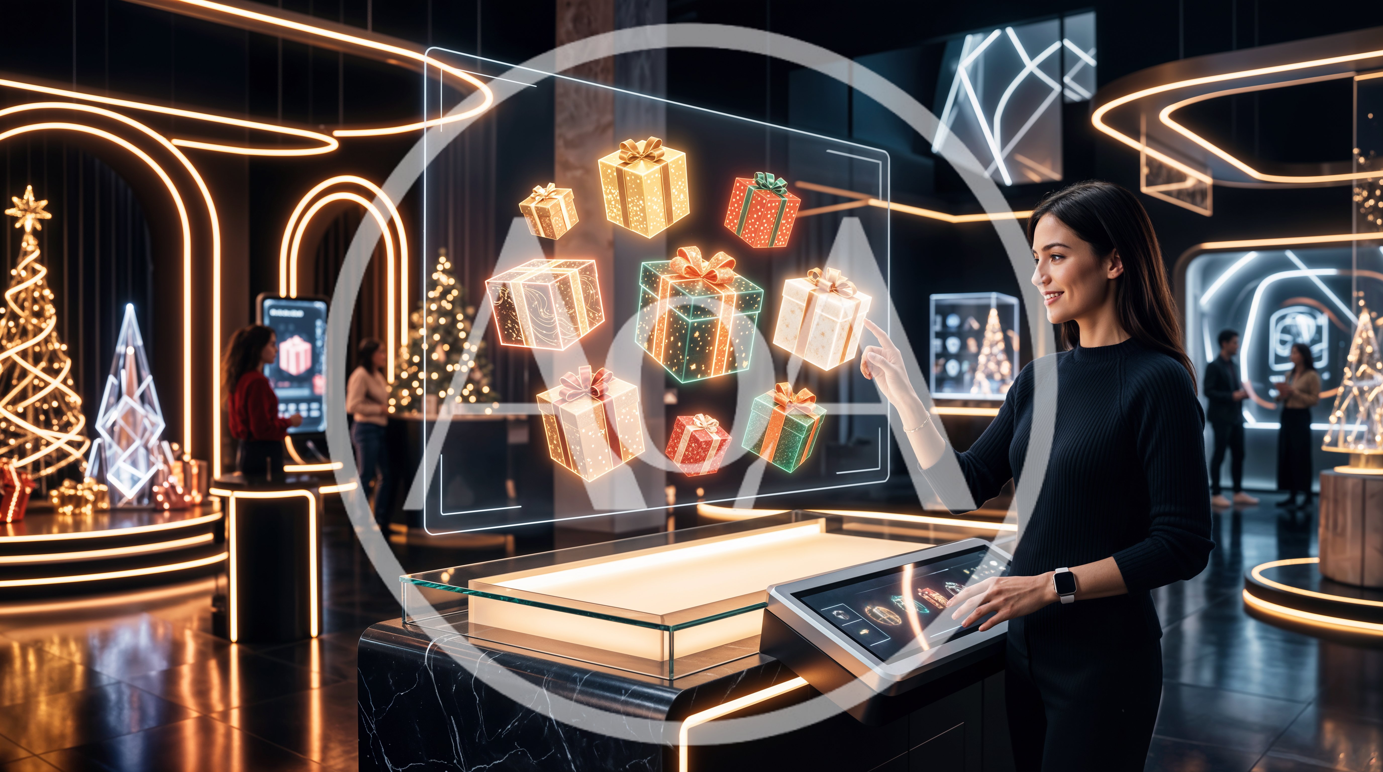 Woman Interacting With Holographic Christmas Gift Display