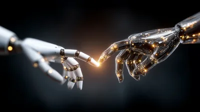 Robotic Hands Touching In A Futuristic Digital Connection