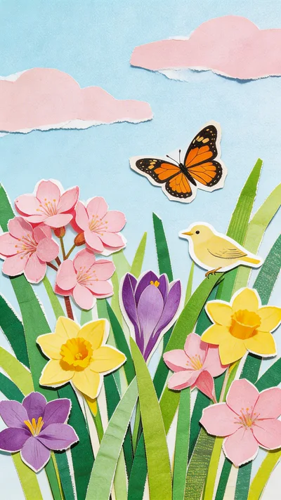 Paper Cutout Spring Garden With Butterfly And Bird
