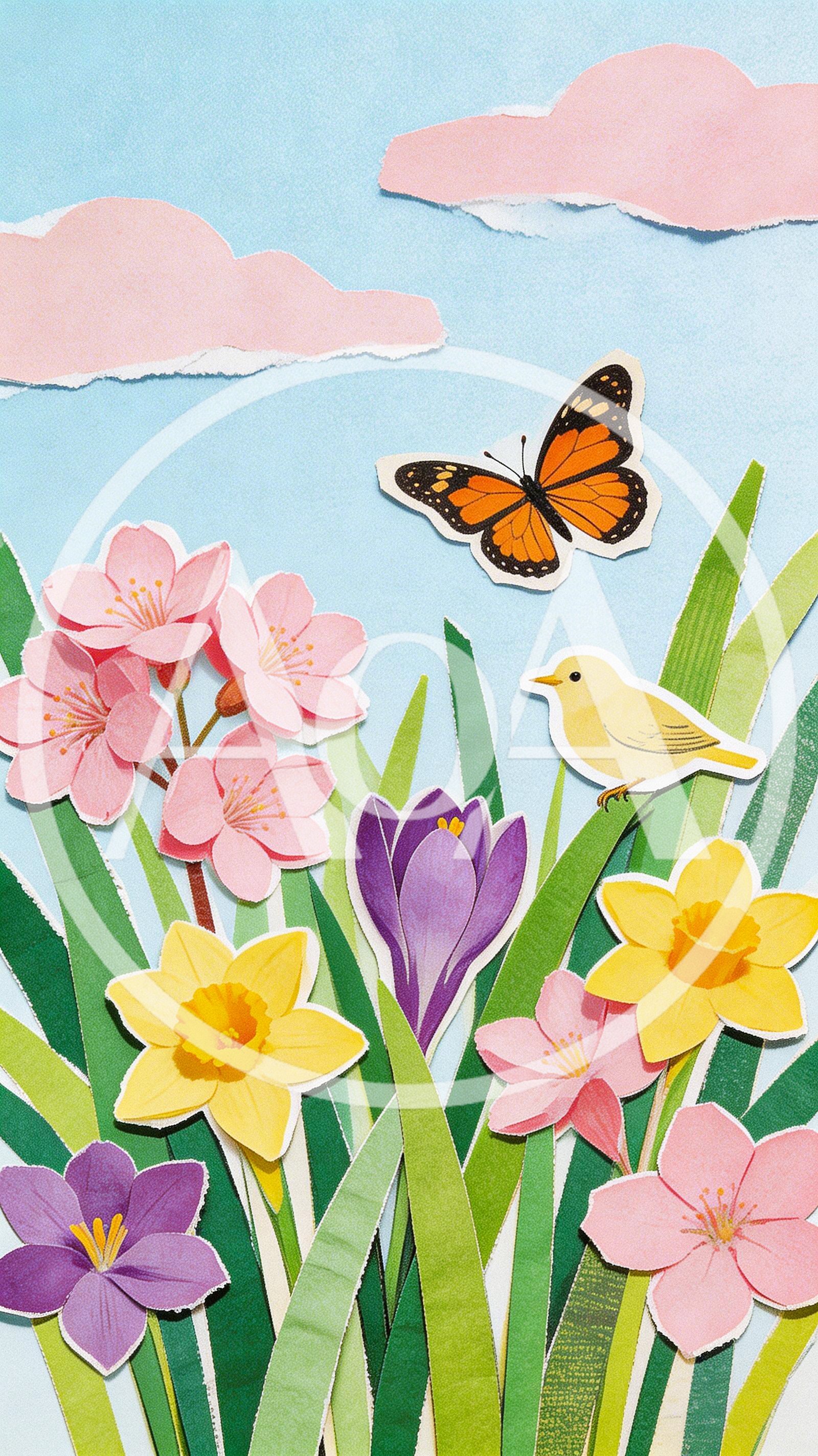 Paper Cutout Spring Garden With Butterfly And Bird