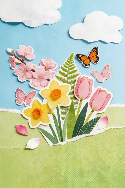 Paper Cutout Spring Floral Collage With Butterflies